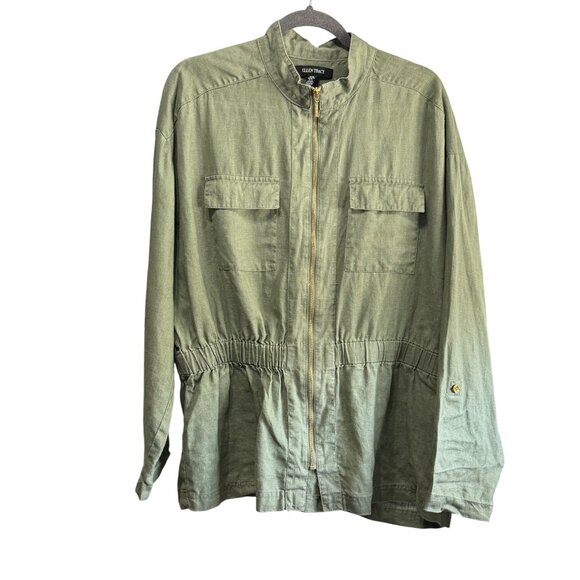 Ellen Tracy Olive Green Linen Jacket XL With Drawstring Waist & Full Zip Front - Picture 1 of 8